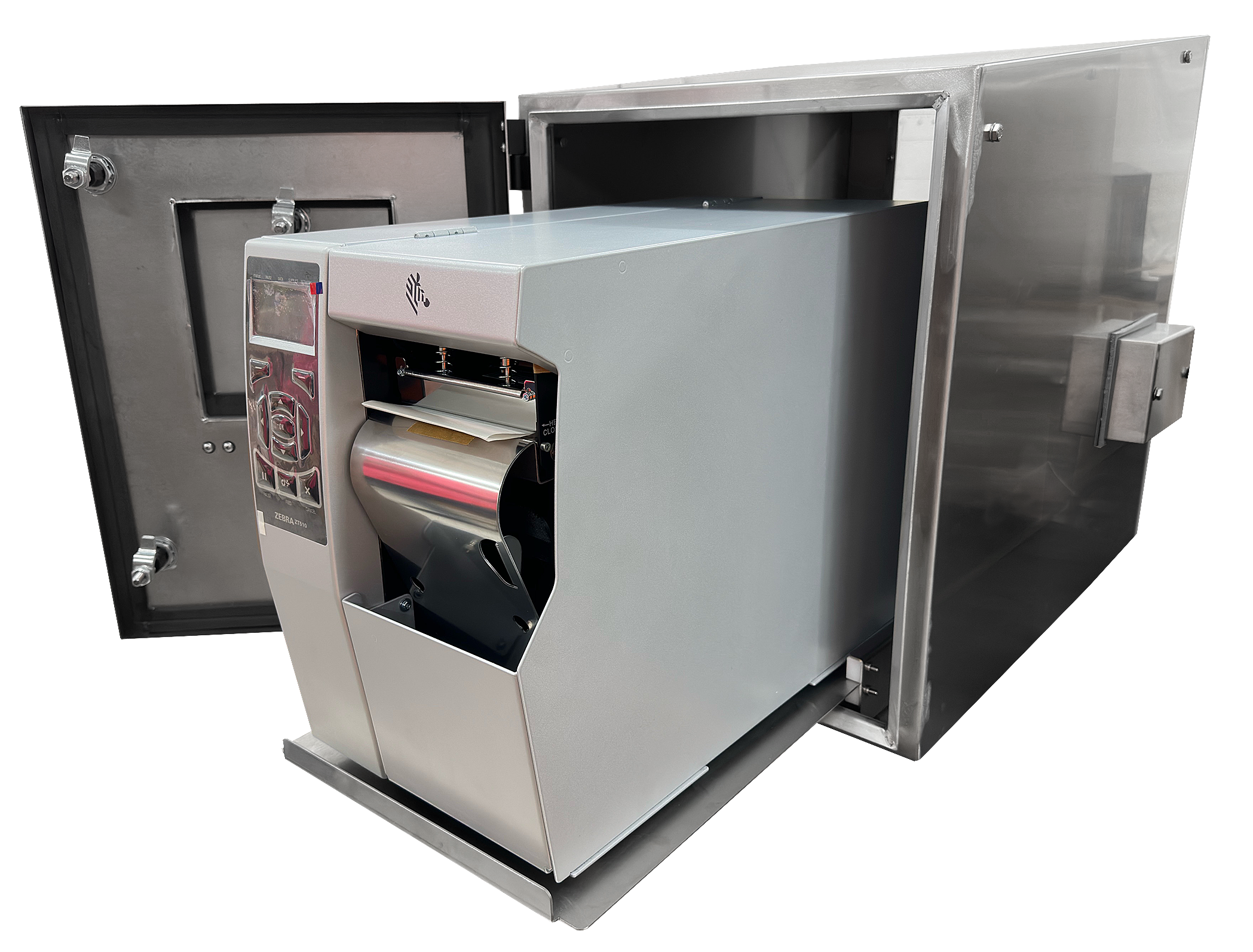 A modern, stainless steel printer enclosure with front opening door showing printer inside.