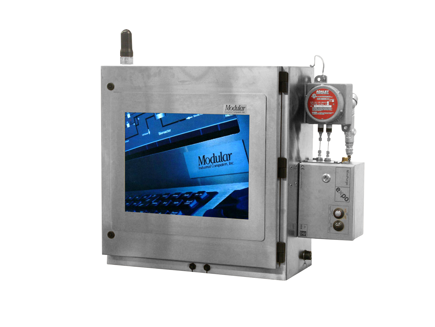 Industrial control cabinet with a digital screen displaying the brand name 'Modular Industrial Computers, Inc.' and a red safety device attached on the right side.