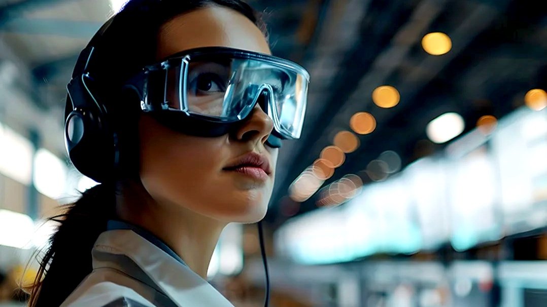 A woman wearing a protective eye gear in a manufacturing facility.