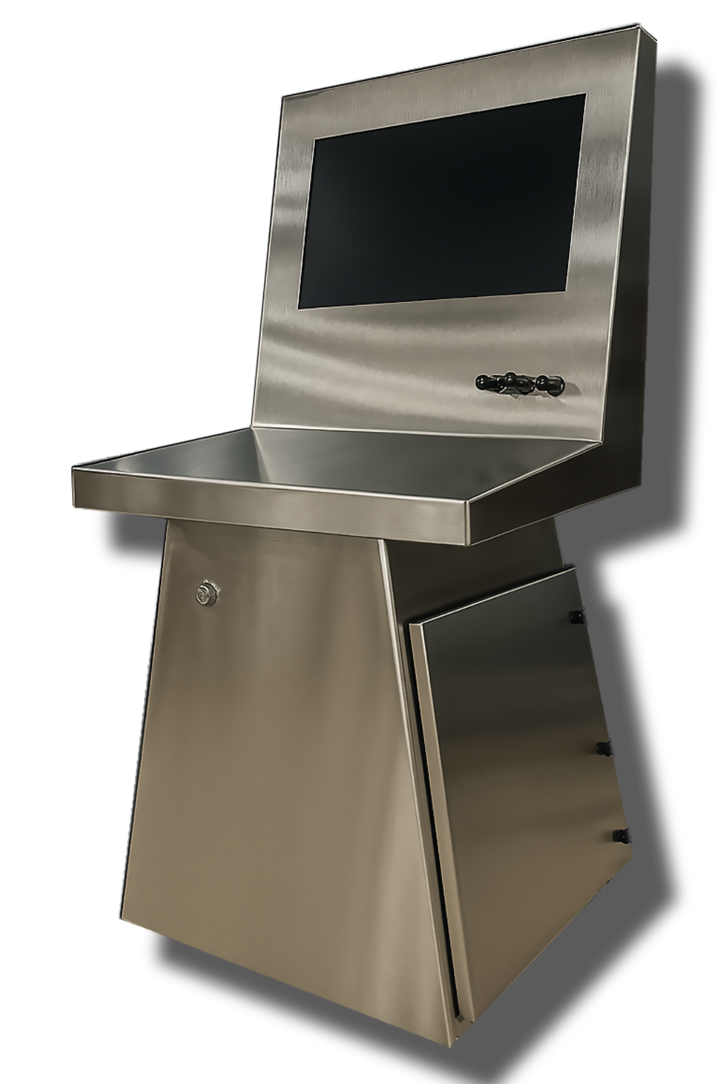 A stainless steel unstaffed self-service kiosk with a touchscreen and a lockable drawer..